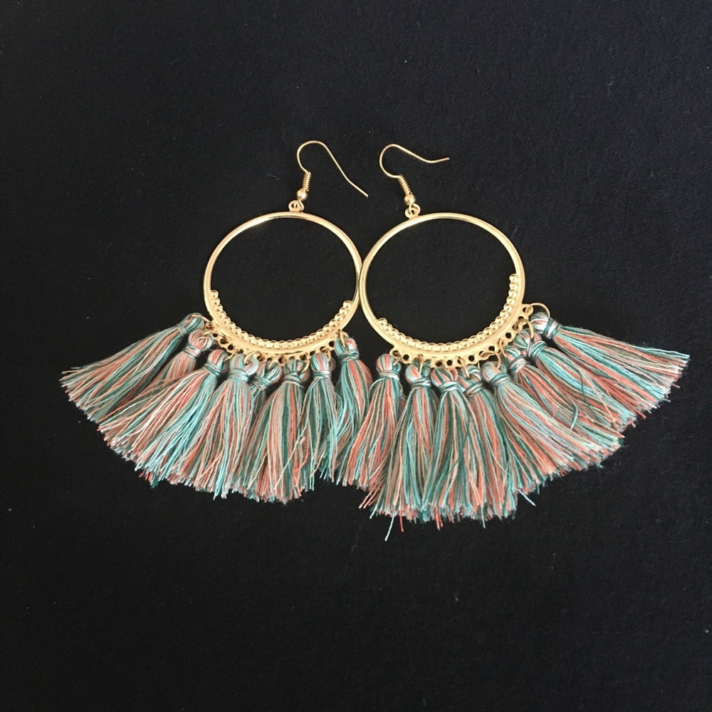 Multicolor and Gold Fan Shaped Tasseled Earrings